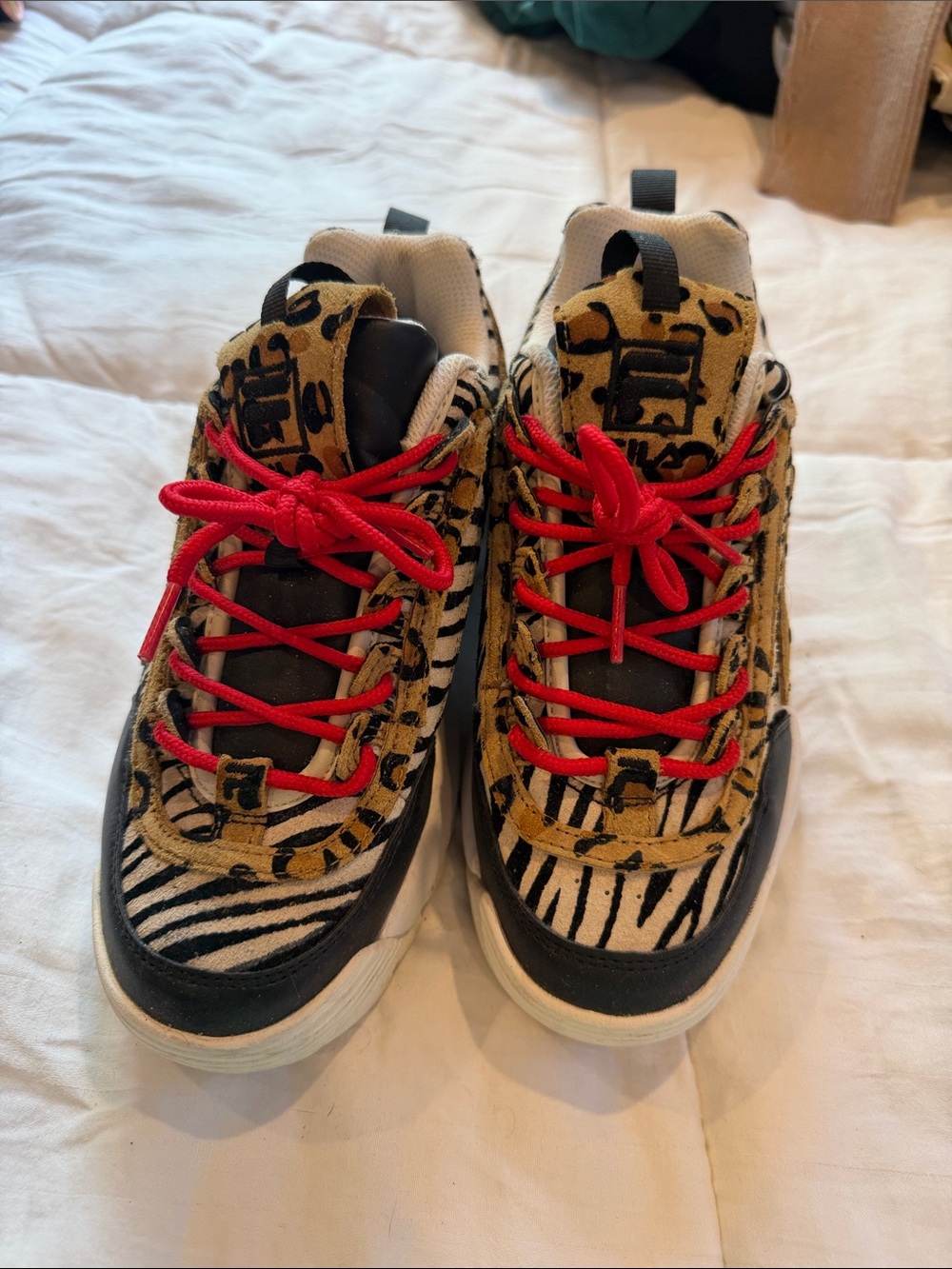 Fila Women’s Animal-Print Sneakers in Black, White & Tan with Red Laces
